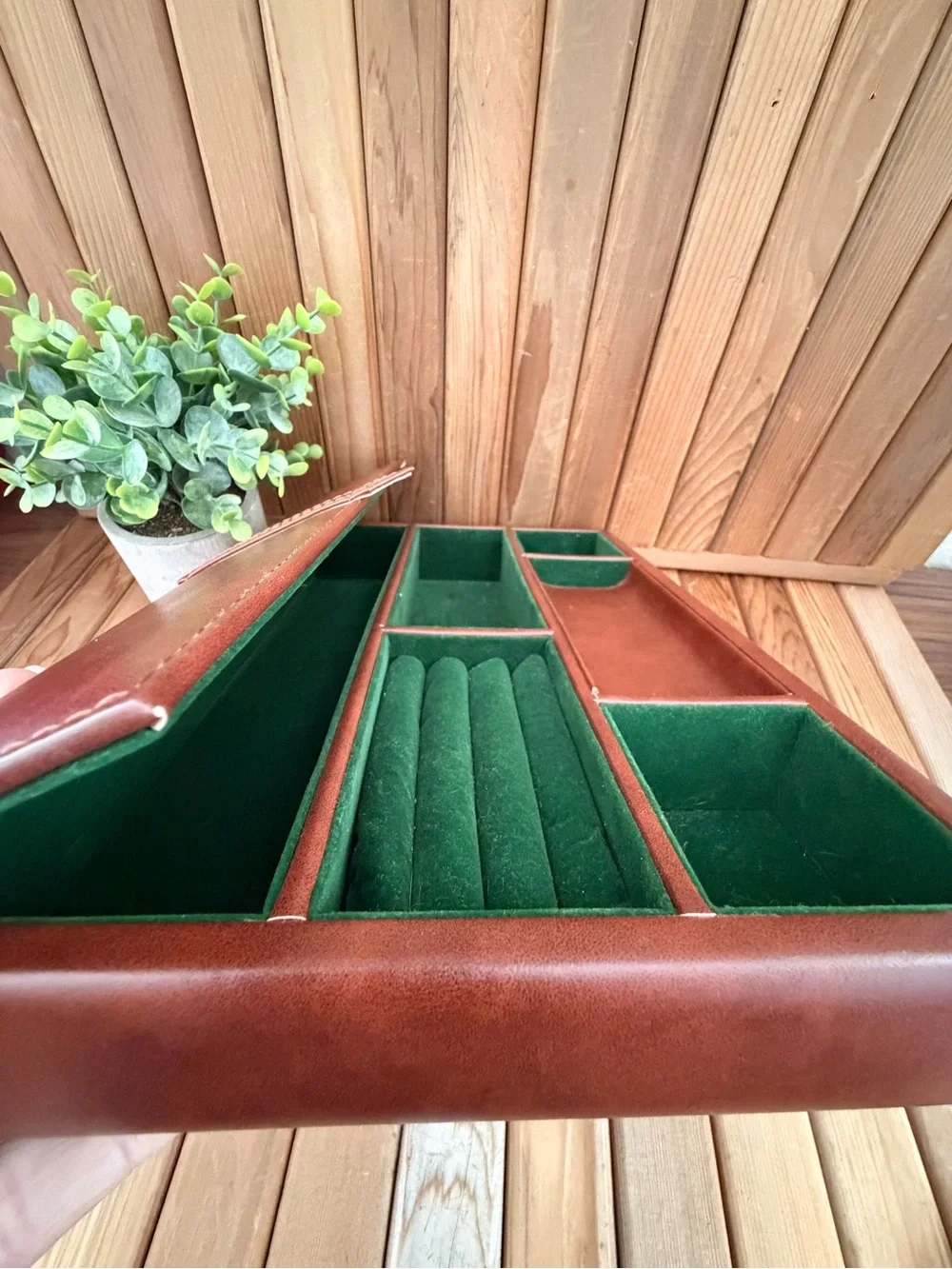 Vintage Faux Leather Valet Tray Jewelry Organizer Brown Green Flocked Interior